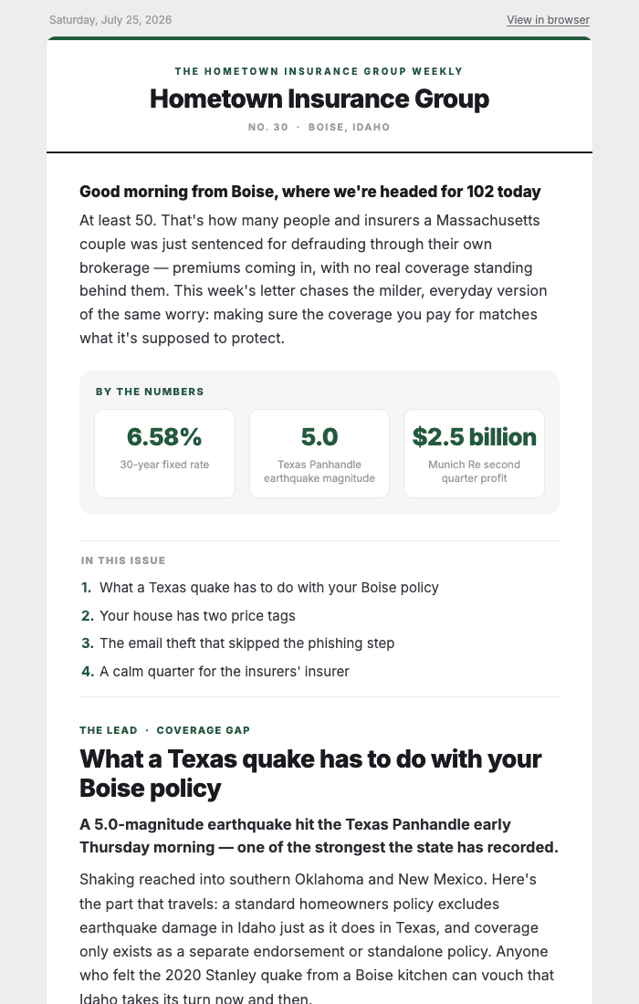 Insurance newsletter example — first page of the Hometown Insurance Group issue