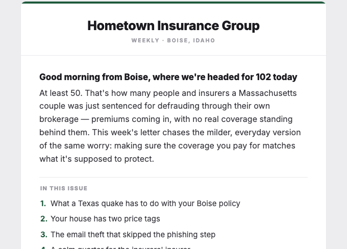 First page of the Hometown Insurance issue